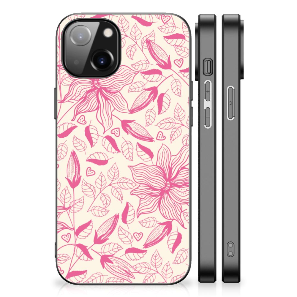 Apple iPhone 13/14 Bloemen Hoesje Pink Flowers bloemen plant print achterkant zijkanten
