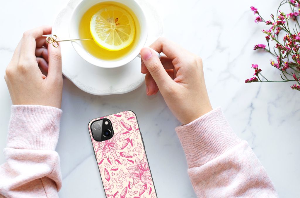 Apple iPhone 13/14 Bloemen Hoesje Pink Flowers bloemen design bovenaanzicht