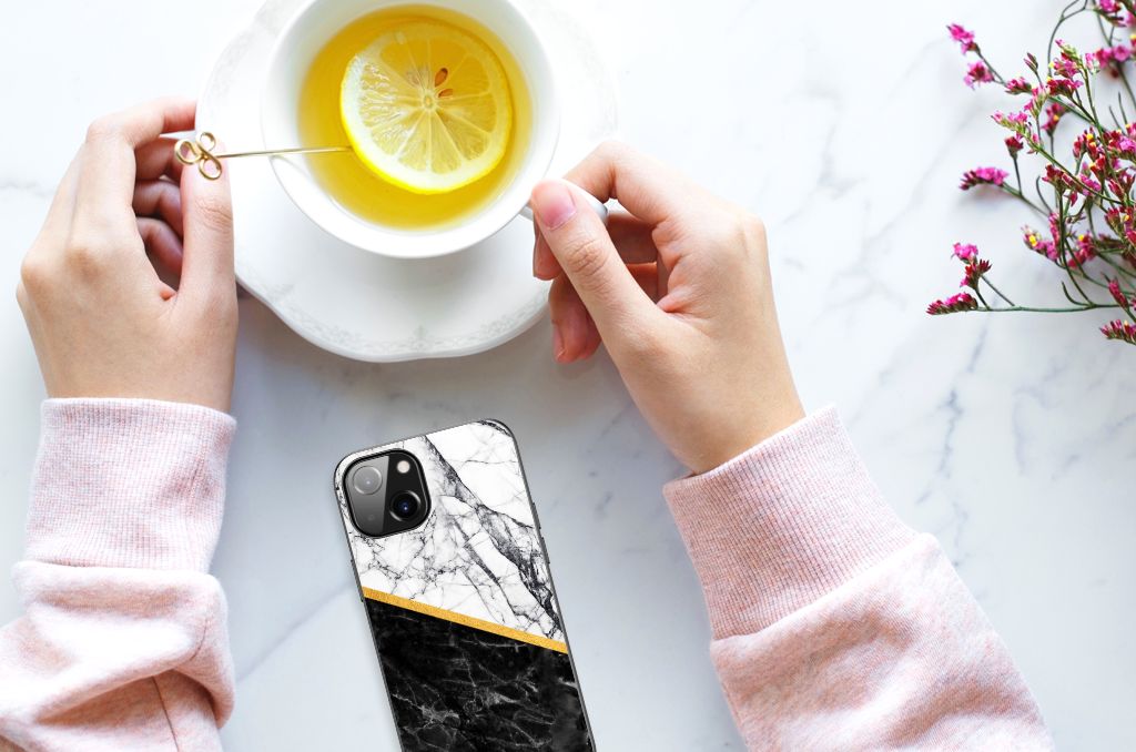 Apple iPhone 13/14 Marmeren Print Telefoonhoesje Marmer Wit Zwart design marmeren print aanzicht
