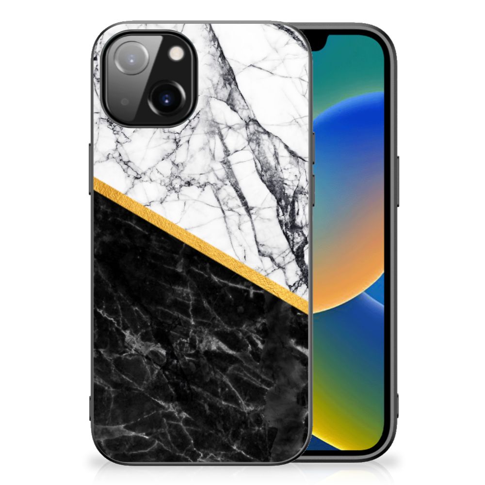 Apple iPhone 13/14 Marmeren Print Telefoonhoesje Marmer Wit Zwart achterkant marmer zwart goud