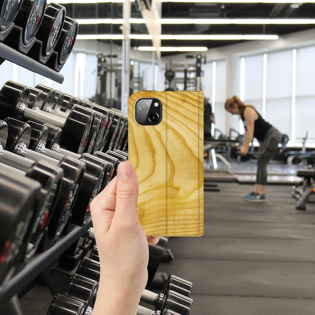 Apple iPhone 14 Plus Book Wallet Case Licht Hout hand smartphone sport gym