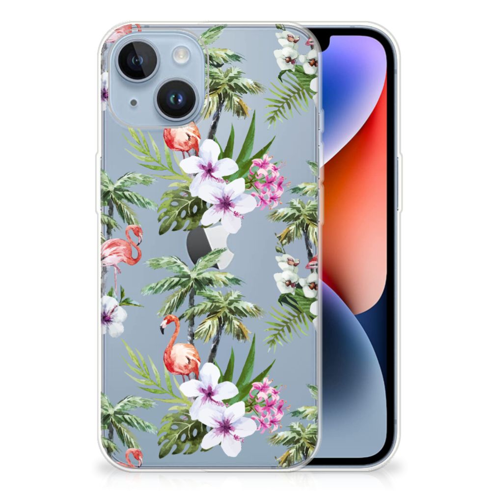 Apple iPhone 14 TPU Hoesje Flamingo Palms design flamingo palmbomen achterkant