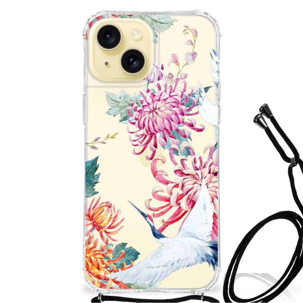 Apple iPhone 15 Case Anti-shock Bird Flowers transparant voorkant