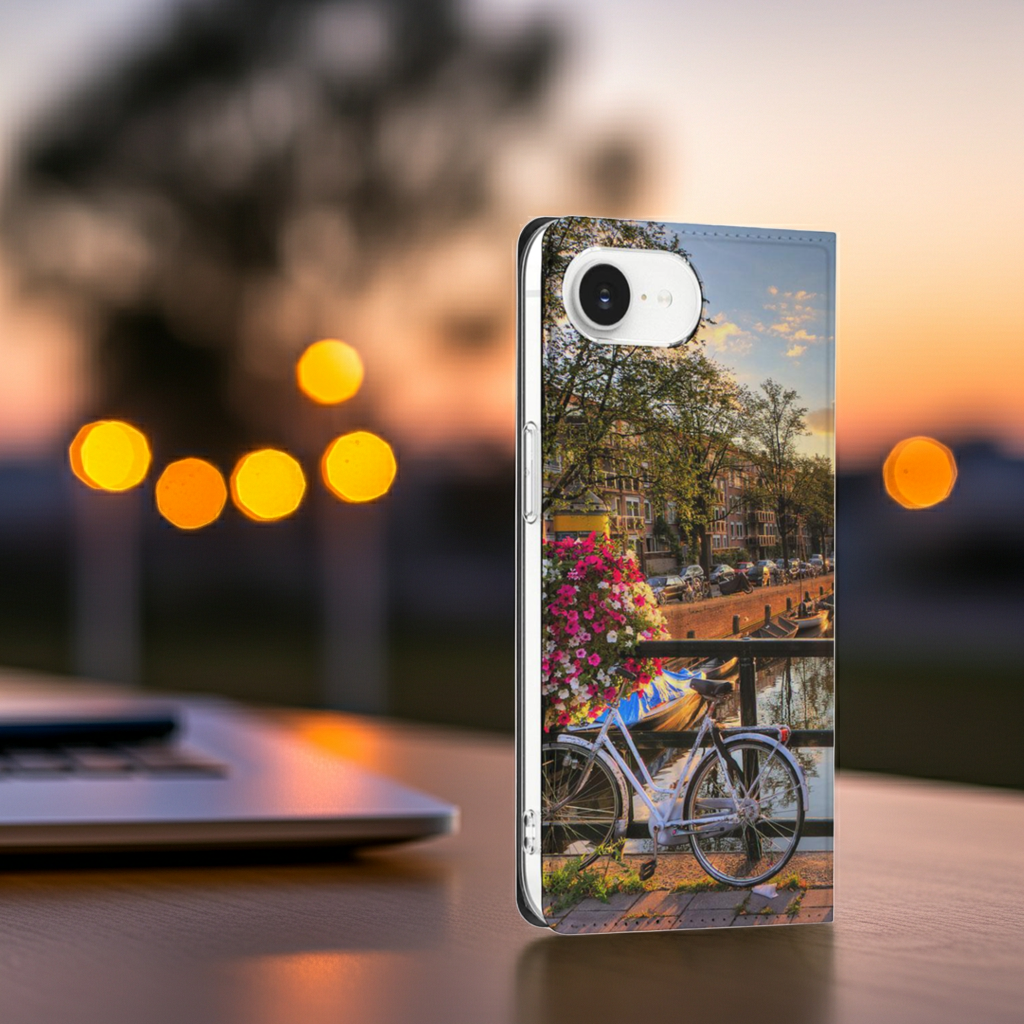 Apple iPhone 16e Book Cover Amsterdamse Grachten design fiets aanzicht