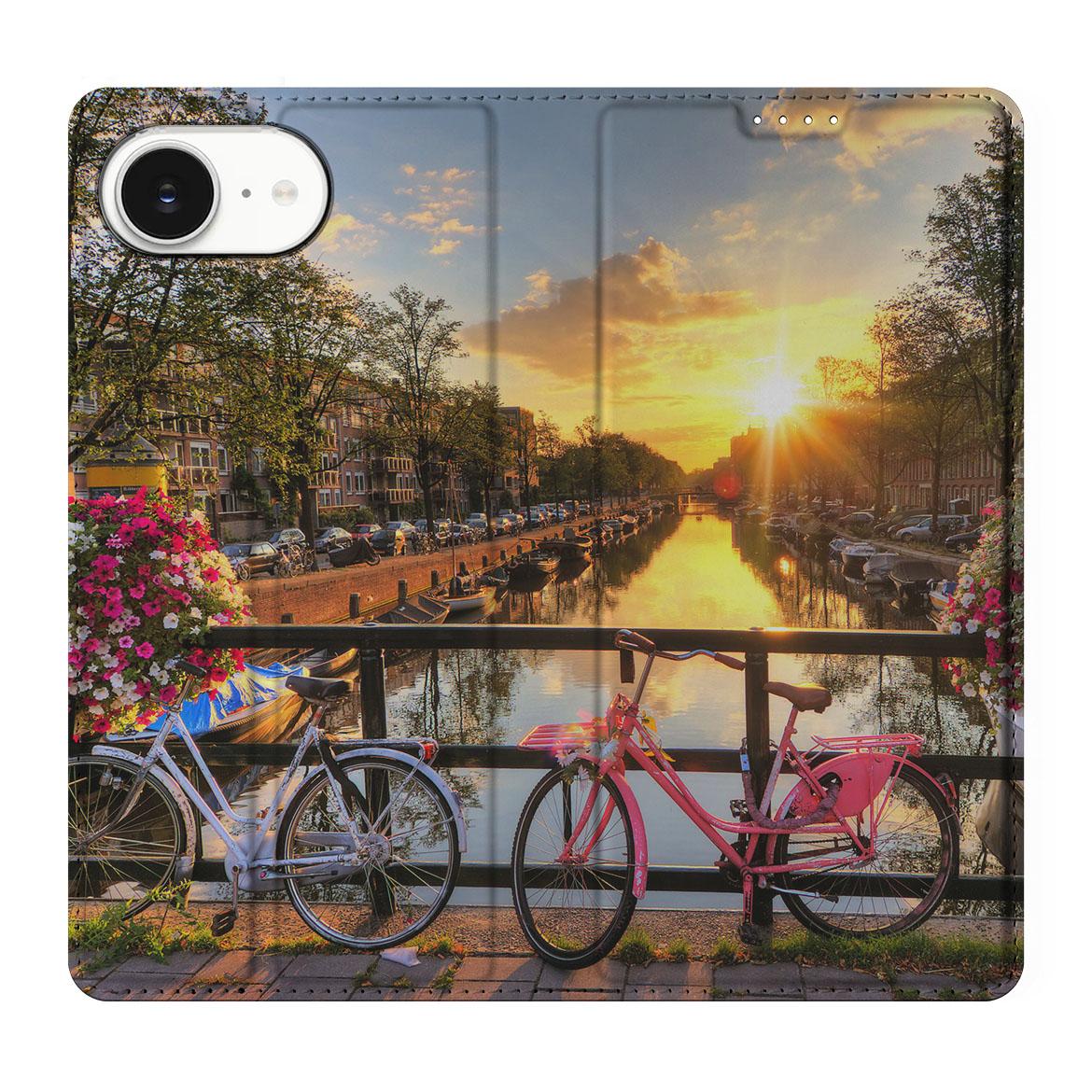 Apple iPhone 16e Book Cover Amsterdamse Grachten fietsen brug bloemen zonsondergang