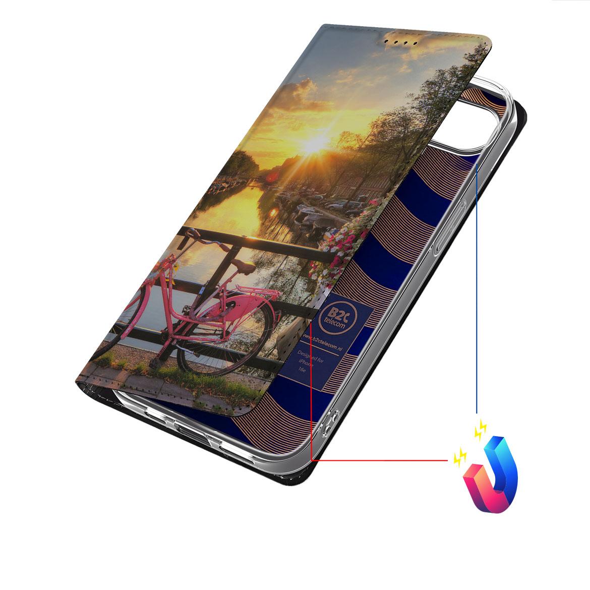 Apple iPhone 16e Book Cover Amsterdamse Grachten design fiets zonsondergang aanzicht