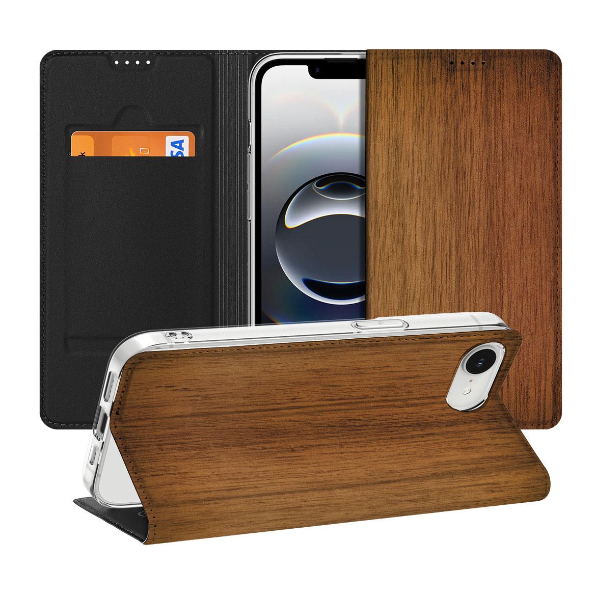 Apple iPhone 16e Book Wallet Case Donker Hout Design Donker Hout Aanzicht Zijkant