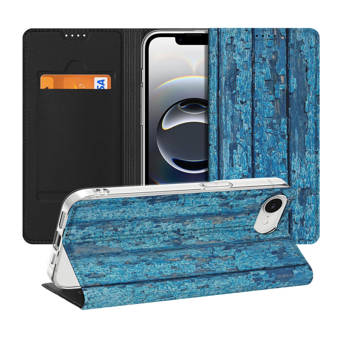 Apple iPhone 16e Book Wallet Case Wood Blue boek hoes blauw hout voorkant achterkant