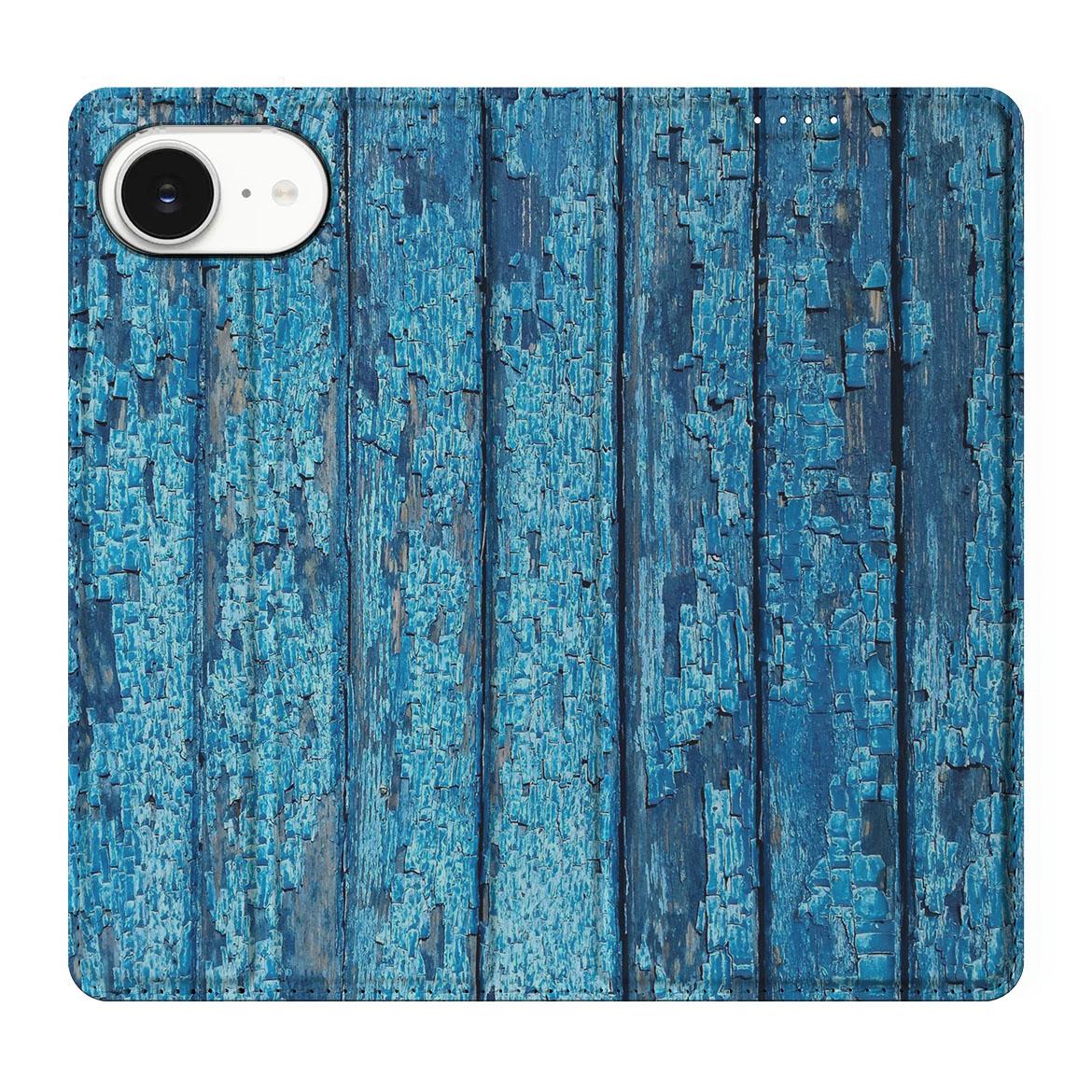 Apple iPhone 16e Book Wallet Case Wood Blue blauw houten design aanzicht