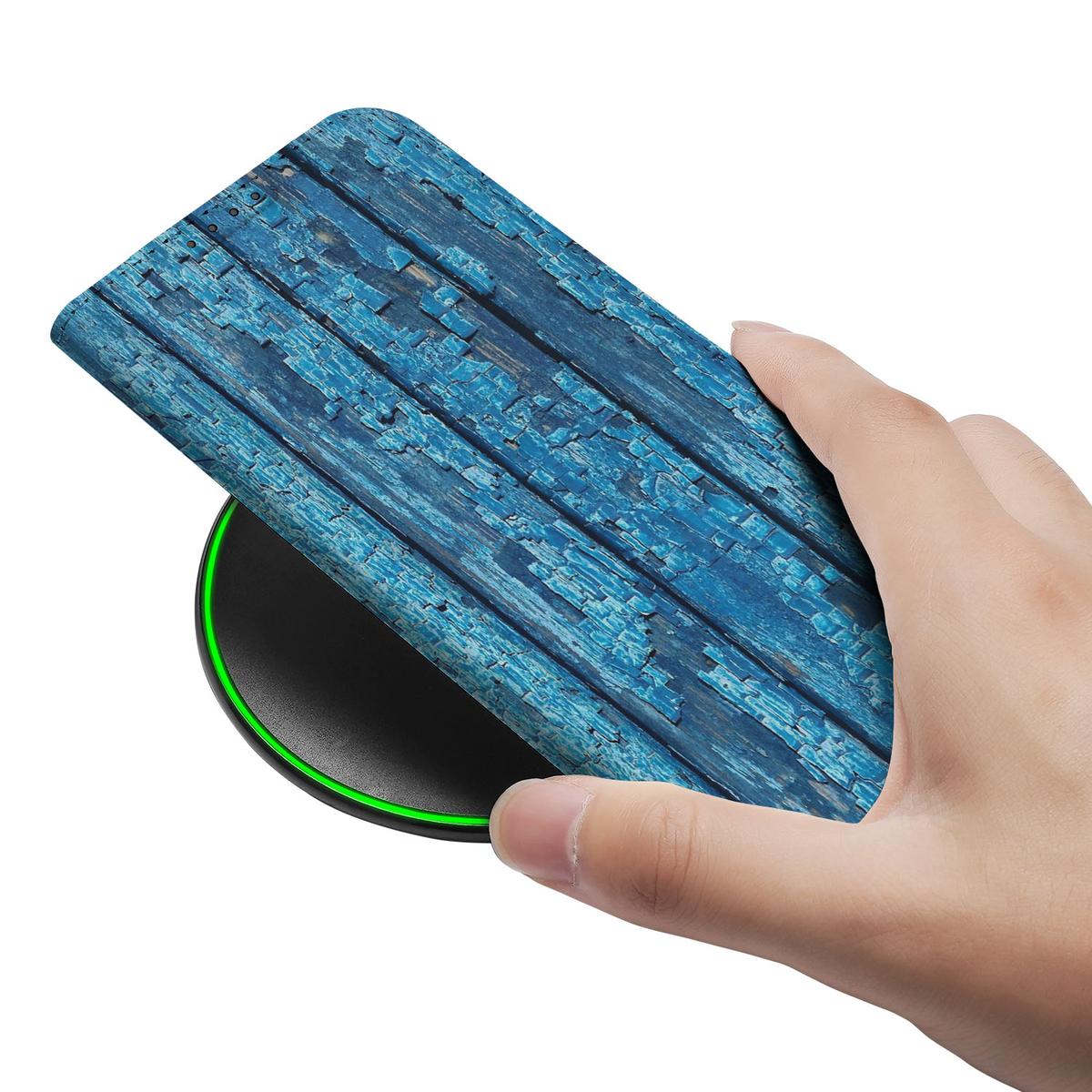 Apple iPhone 16e Book Wallet Case Wood Blue design blauw hout aanzicht