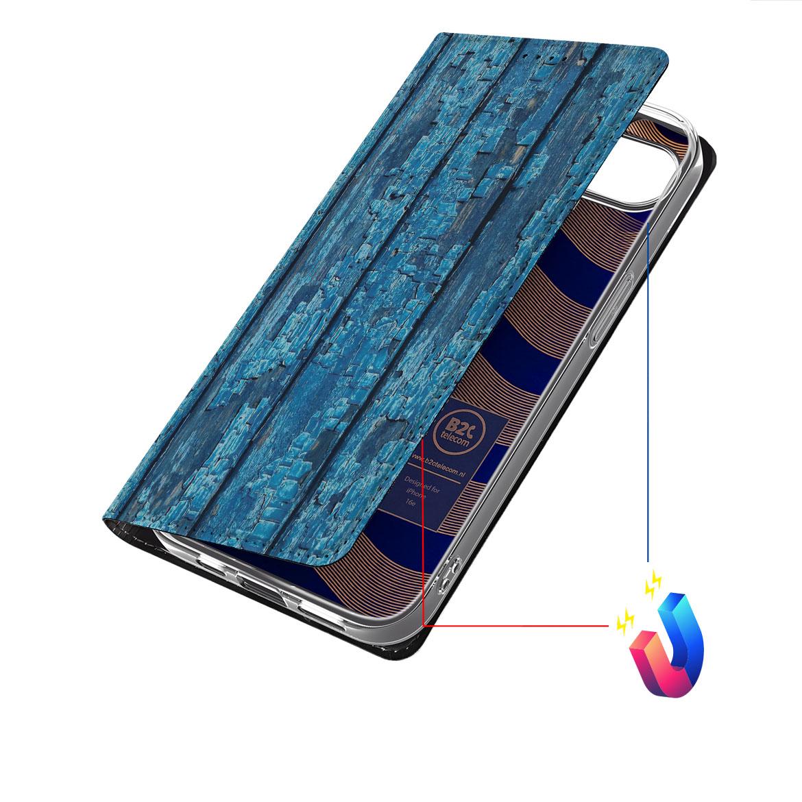 Apple iPhone 16e Book Wallet Case Wood Blue afgebladderd blauw hout design achterkant
