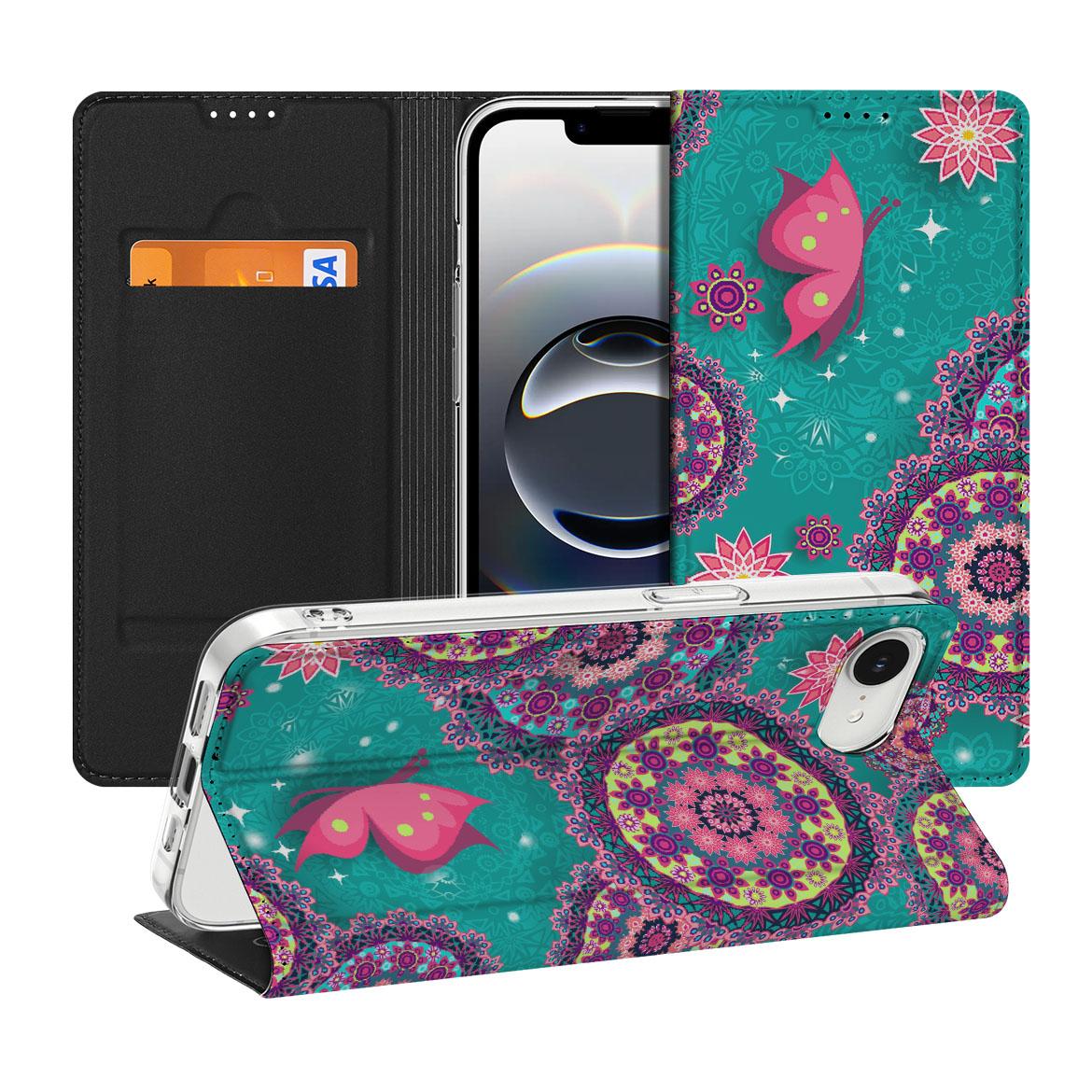 Apple iPhone 16e Bookcase Cirkels en Vlinders hoesje design cirkels vlinders aanzicht