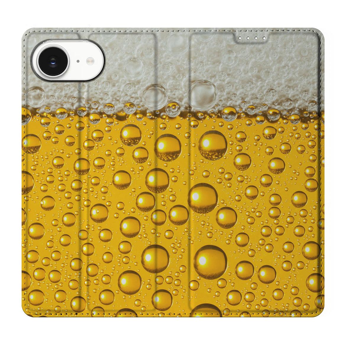 Apple iPhone 16e Flip Style Cover Bier bierprint voorkant met druppels