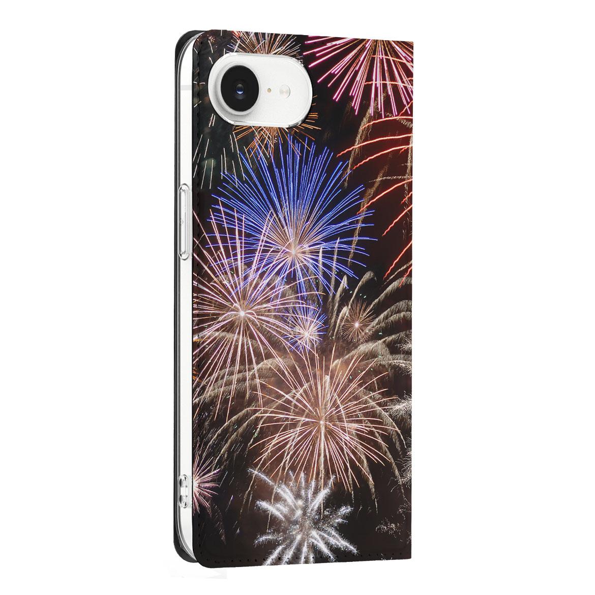 Apple iPhone 16e Hippe Standcase Vuurwerk siervuurwerk kleurrijk aanzicht