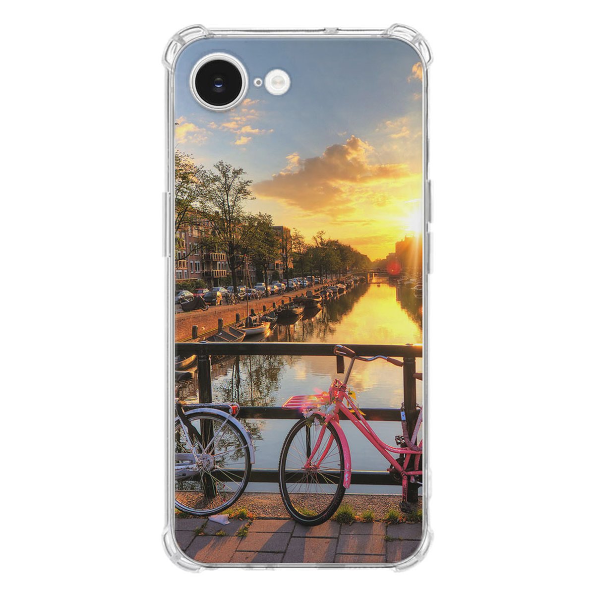Apple iPhone 16e Hoesje Amsterdamse Grachten TPU Antishock fietsen zonsondergang stadsfoto