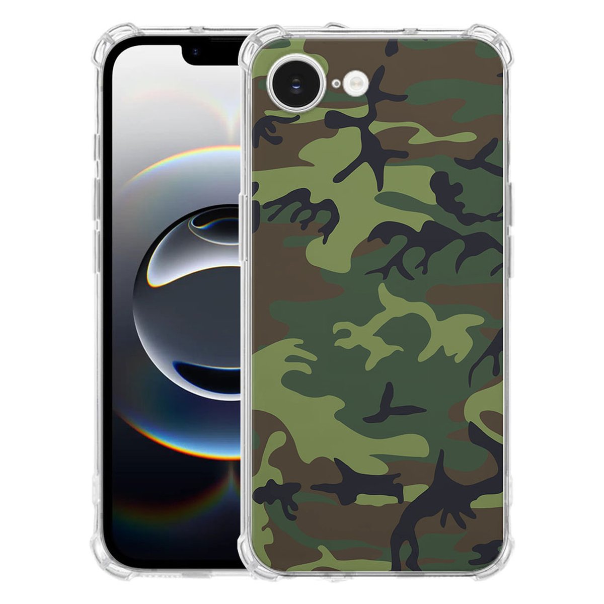 Apple iPhone 16e Hoesje - Army Dark TPU Antishock camouflageprint achterkant transparant
