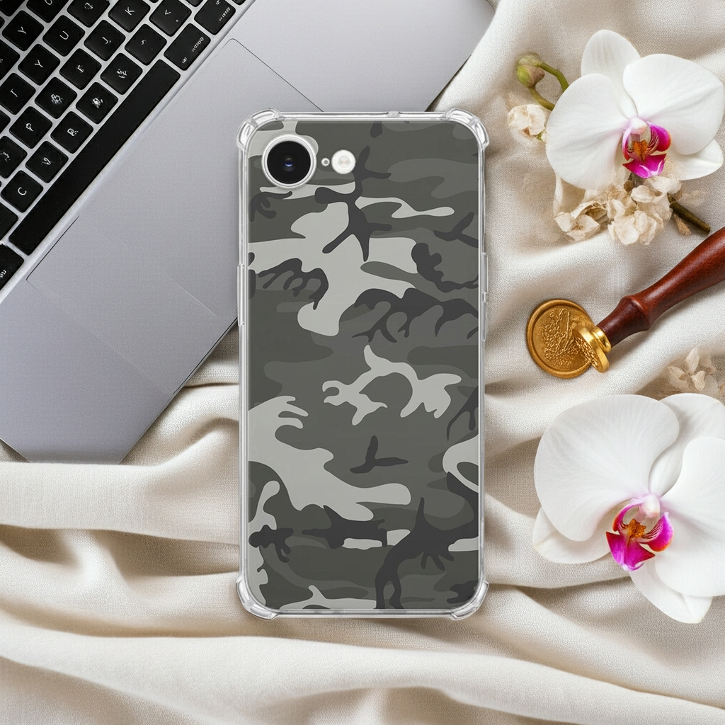 Apple iPhone 16e Hoesje - Army Light TPU Antishock camouflageprint transparant aanzicht