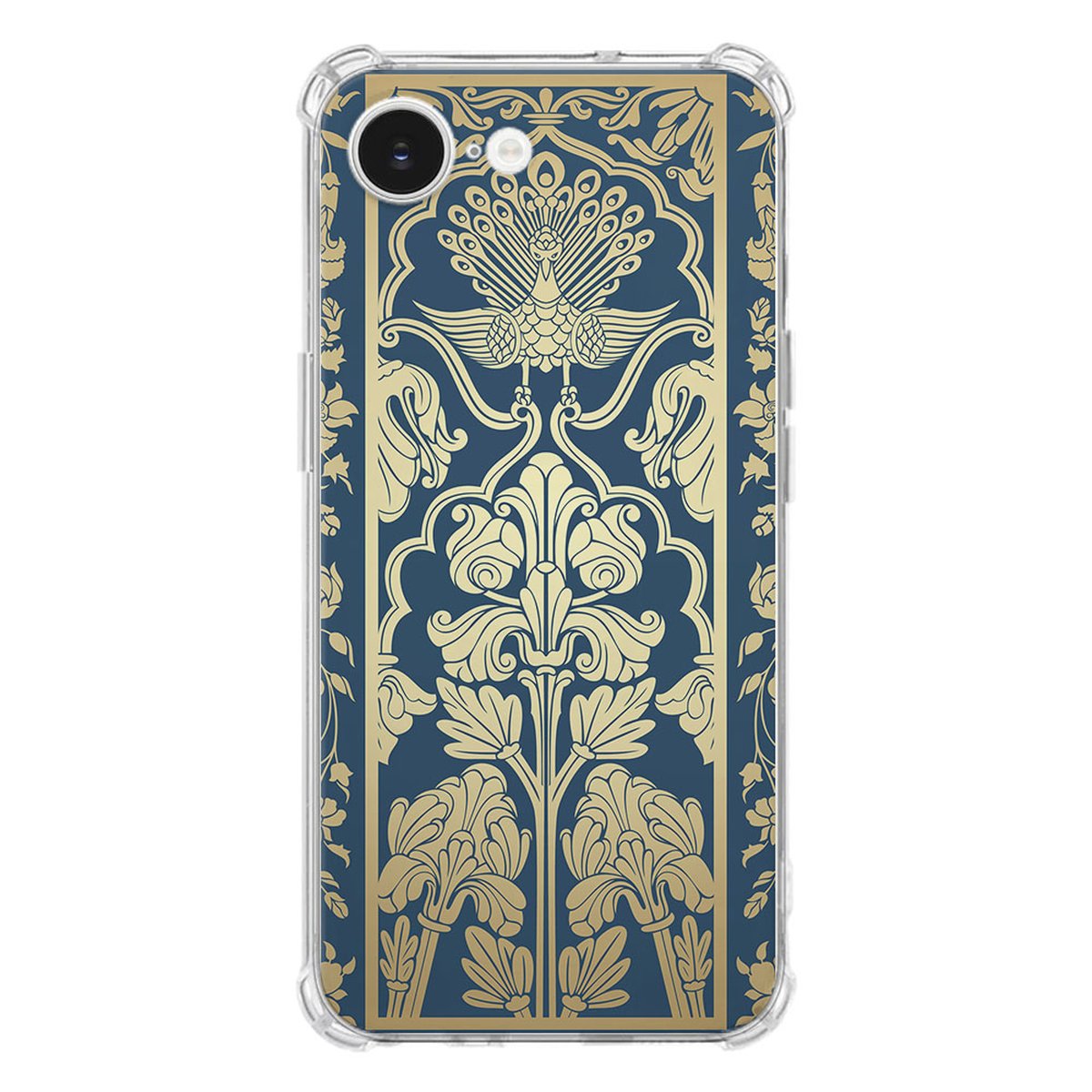 Apple iPhone 16e Hoesje - Beige Flowers TPU Antishock bloemenprint design blauw goud aanzicht