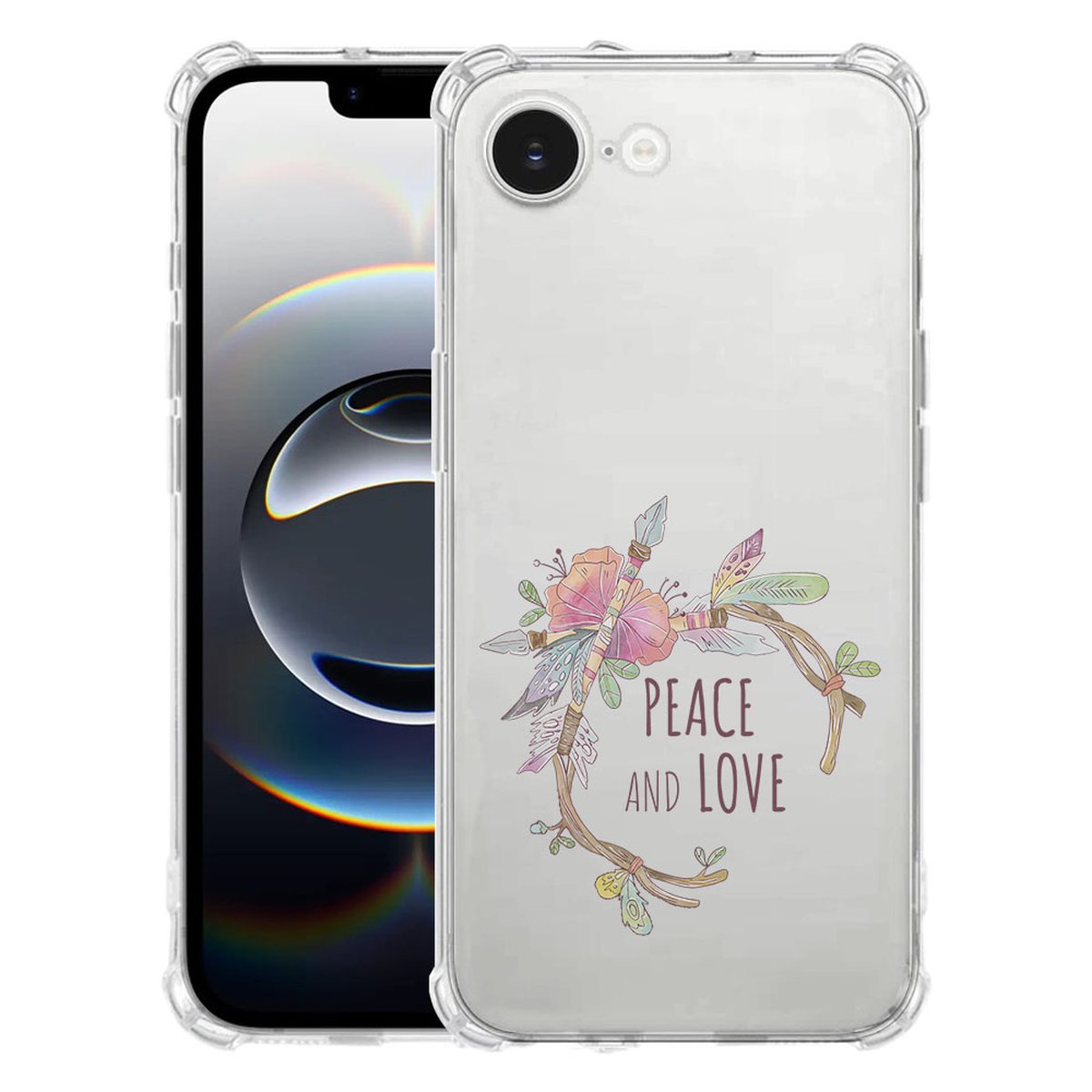 Apple iPhone 16e Hoesje Boho Text TPU Antishock achterzijde met ontwerp van bloemen en onderschrift peace and love