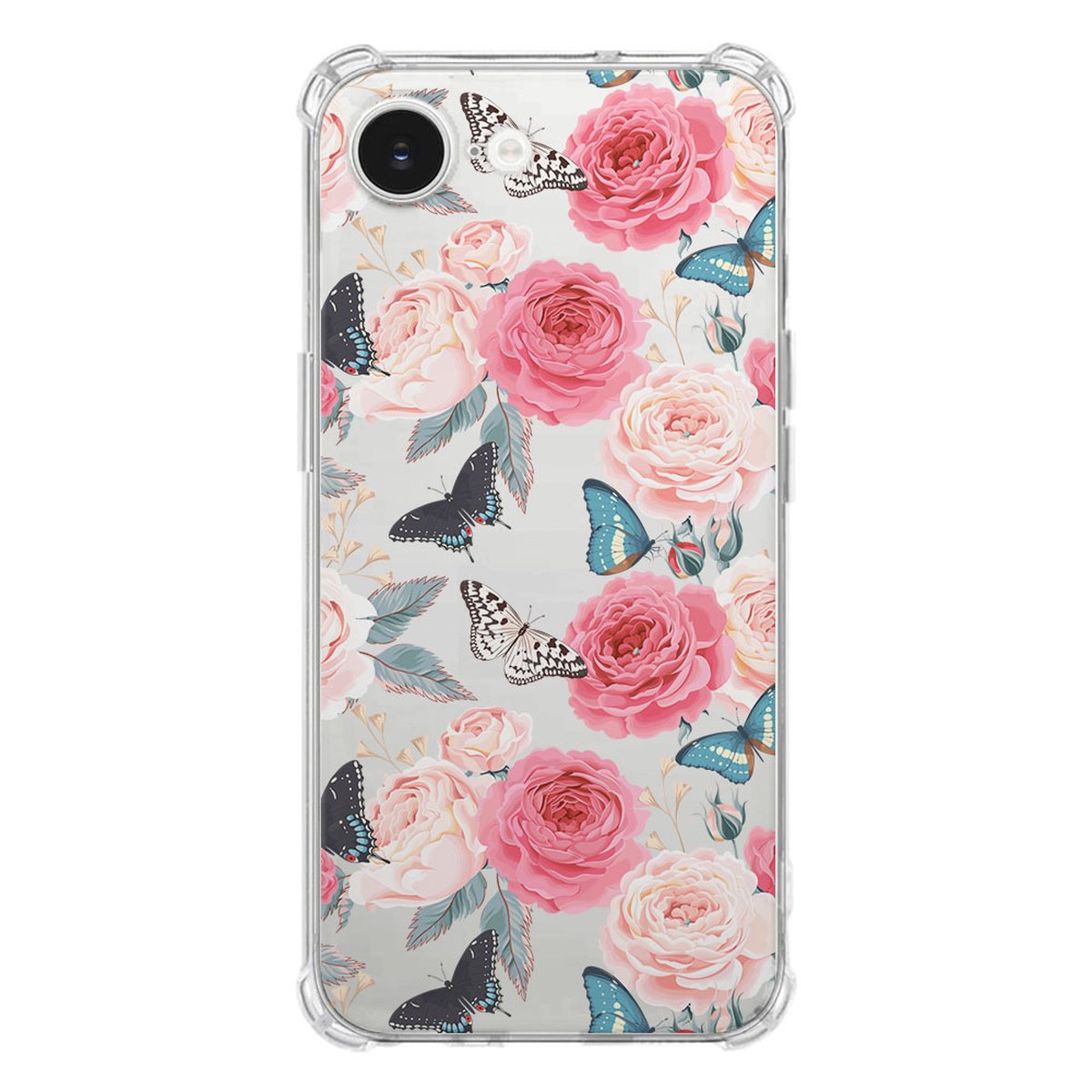 Apple iPhone 16e Hoesje Butterfly Roses TPU Antishock bloemenprint vlinders transparant