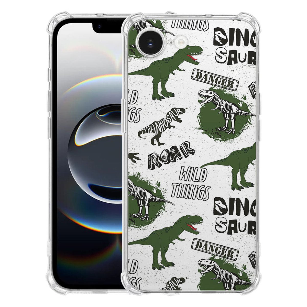 Apple iPhone 16e Hoesje - Dinosaurus TPU Antishock hoesje dino ontwerp achter en vooraanzicht
