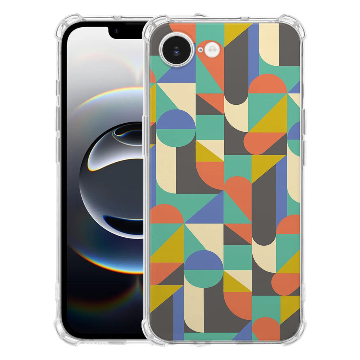 Apple iPhone 16e Hoesje Funky Retro TPU Antishock design kleurrijk geometrisch aanzicht