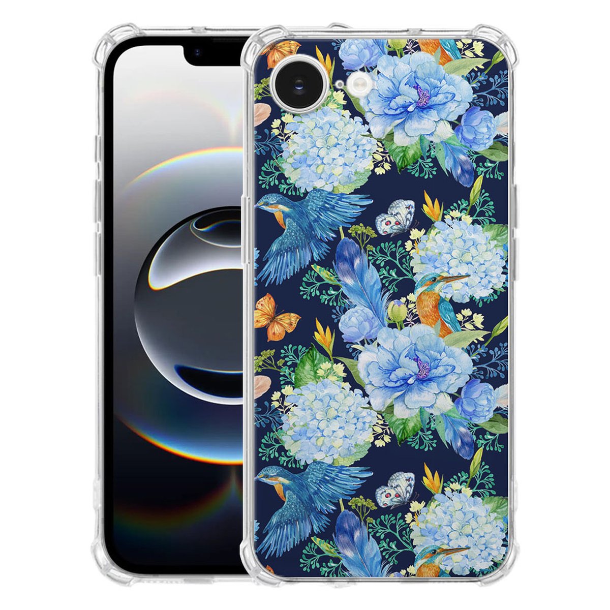 Apple iPhone 16e Hoesje - IJsvogel TPU Antishock bloemen design perspectief