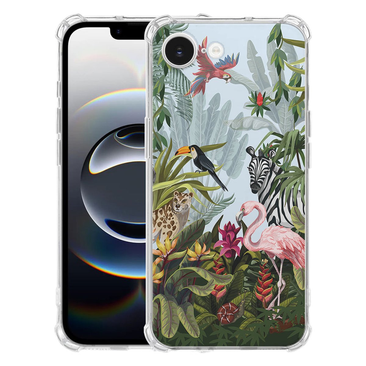 Apple iPhone 16e Hoesje - Jungle TPU Antishock jungle hoesje met tropisch design voorkant en achterkant