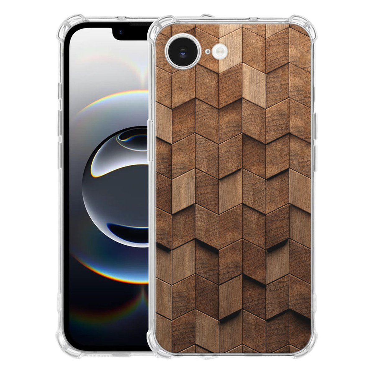 Apple iPhone 16e Hoesje Wooden Cubes TPU Antishock achterkant design