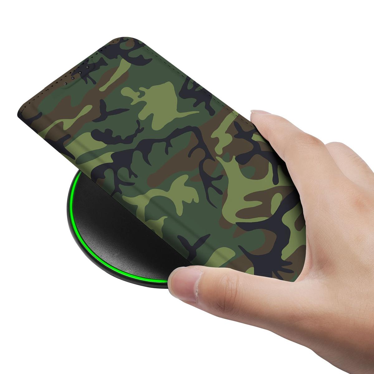 Apple iPhone 16e Hoesje met Magneet Army Dark camouflage design aanzicht