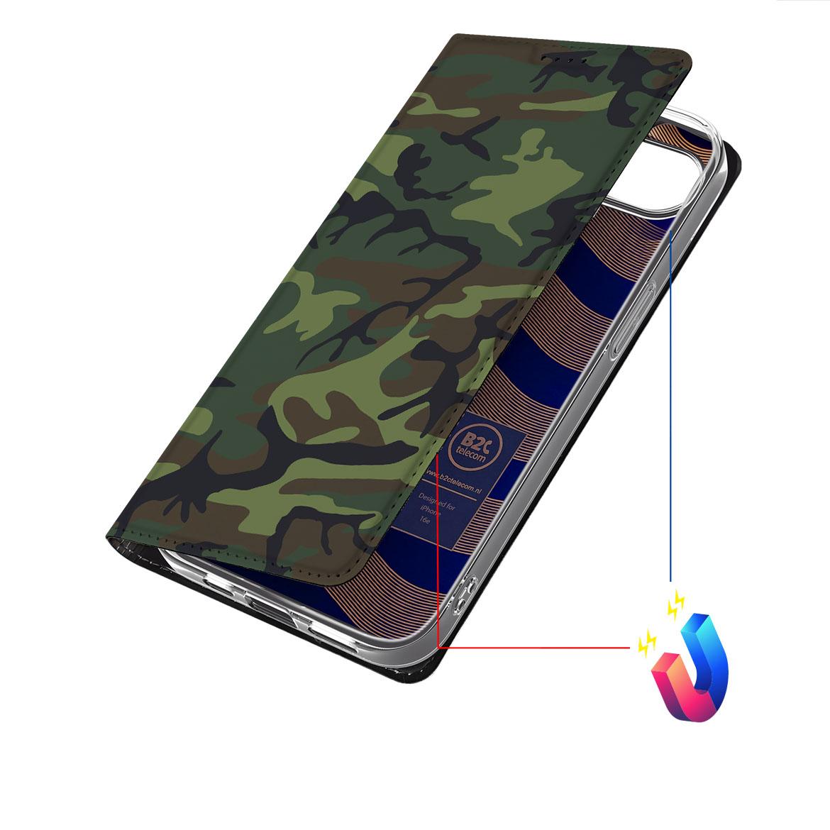 Apple iPhone 16e Hoesje met Magneet Army Dark camouflage design vooraanzicht