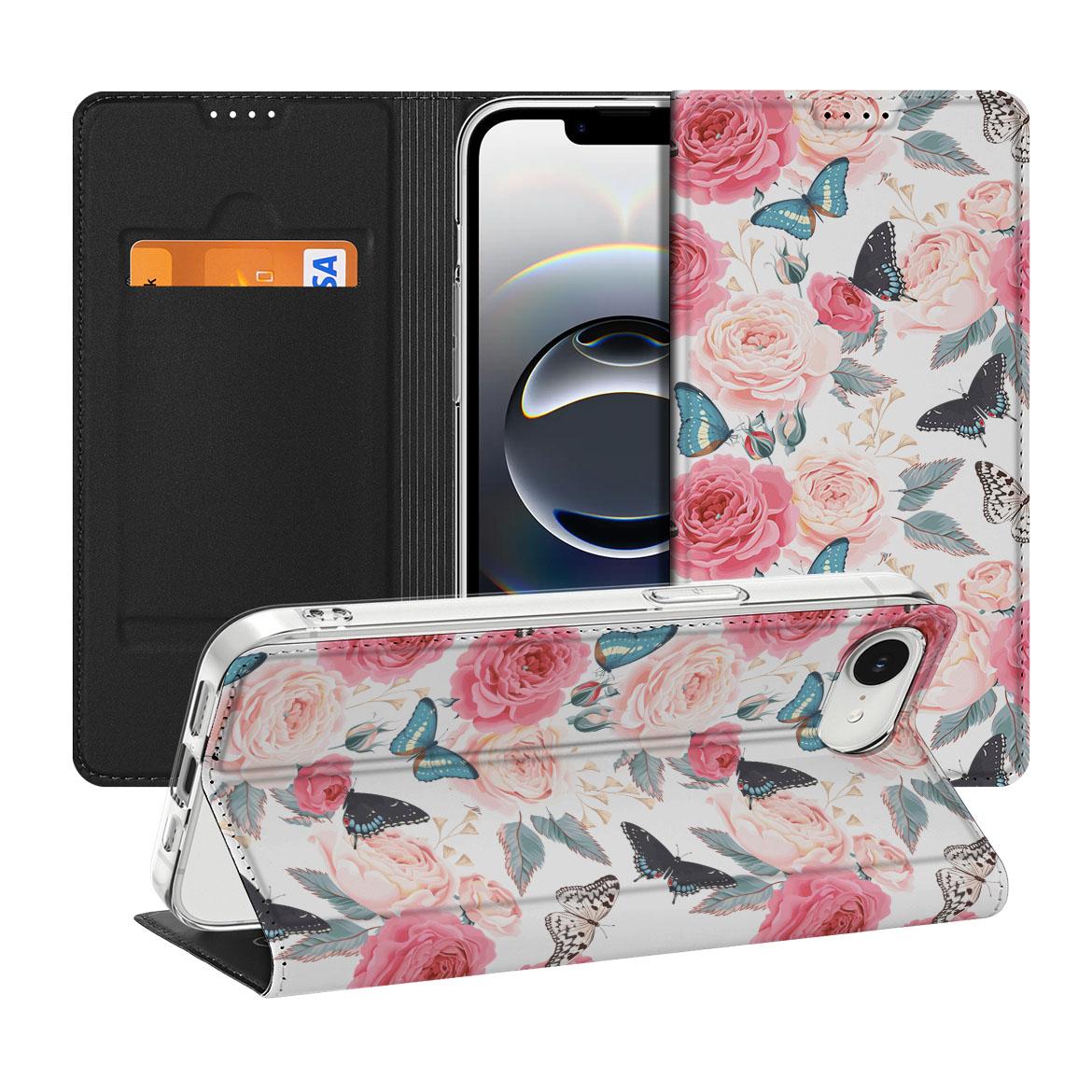 Apple iPhone 16e Smart Cover Butterfly Roses achterkant voorkant met pasje