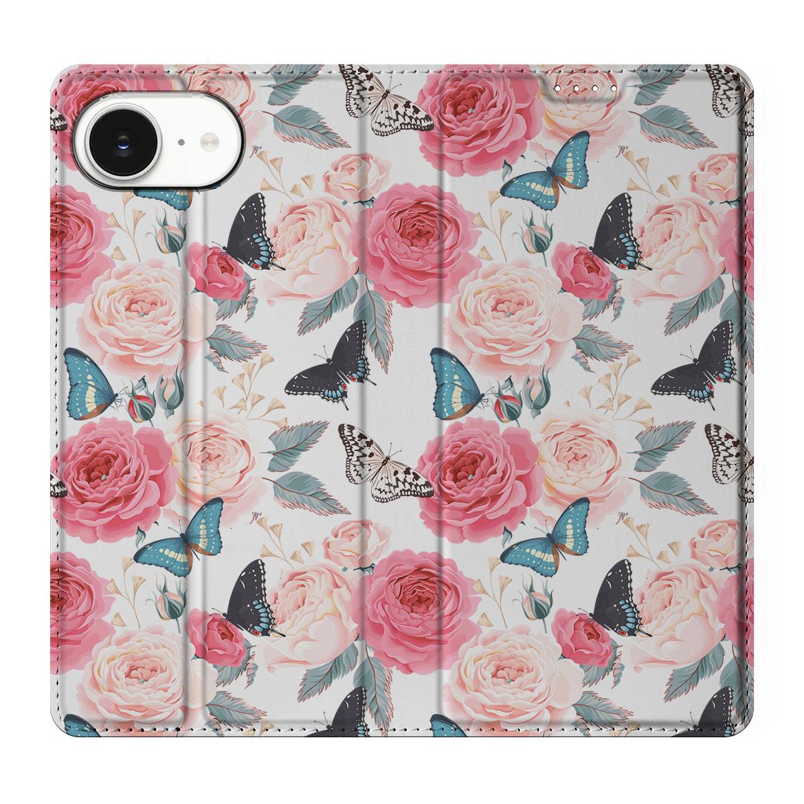 Apple iPhone 16e Smart Cover Butterfly Roses bovenaanzicht bloemen vlinders