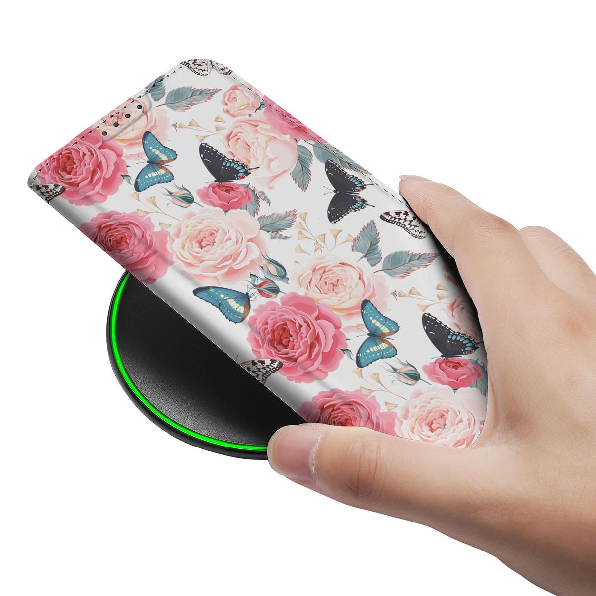 Apple iPhone 16e Smart Cover Butterfly Roses telefoonhoesje bloemen vlinders hand
