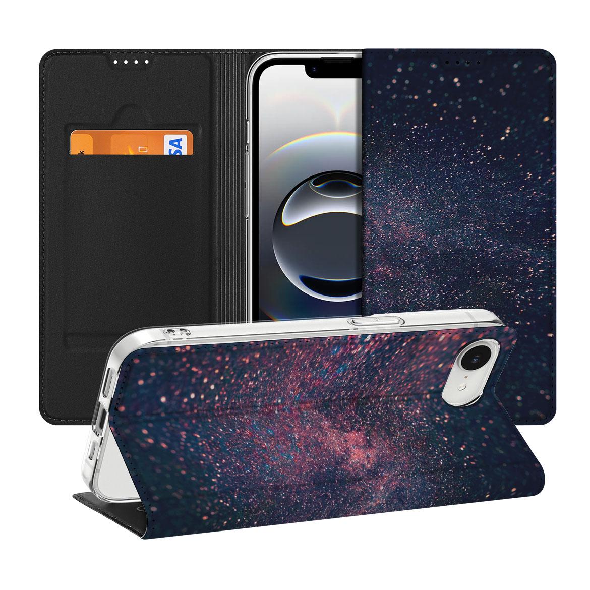 Apple iPhone 16e Stand Case Stars design glitterachtig paarse blauwe kleuren aanzicht