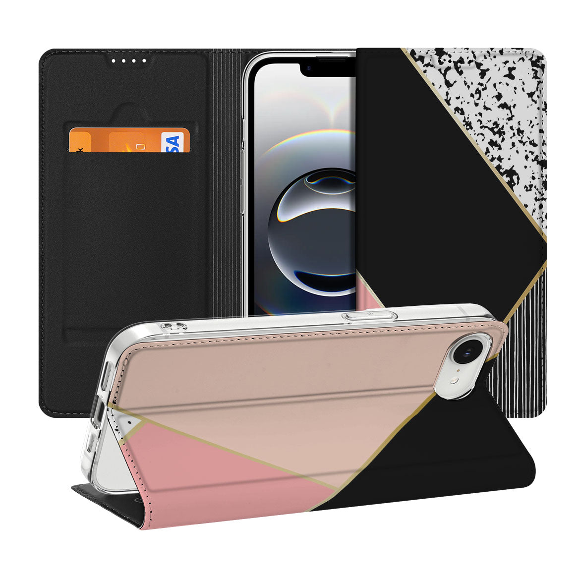 Apple iPhone 16e Stand Case Zwart Roze Vormen design standcase aanzicht