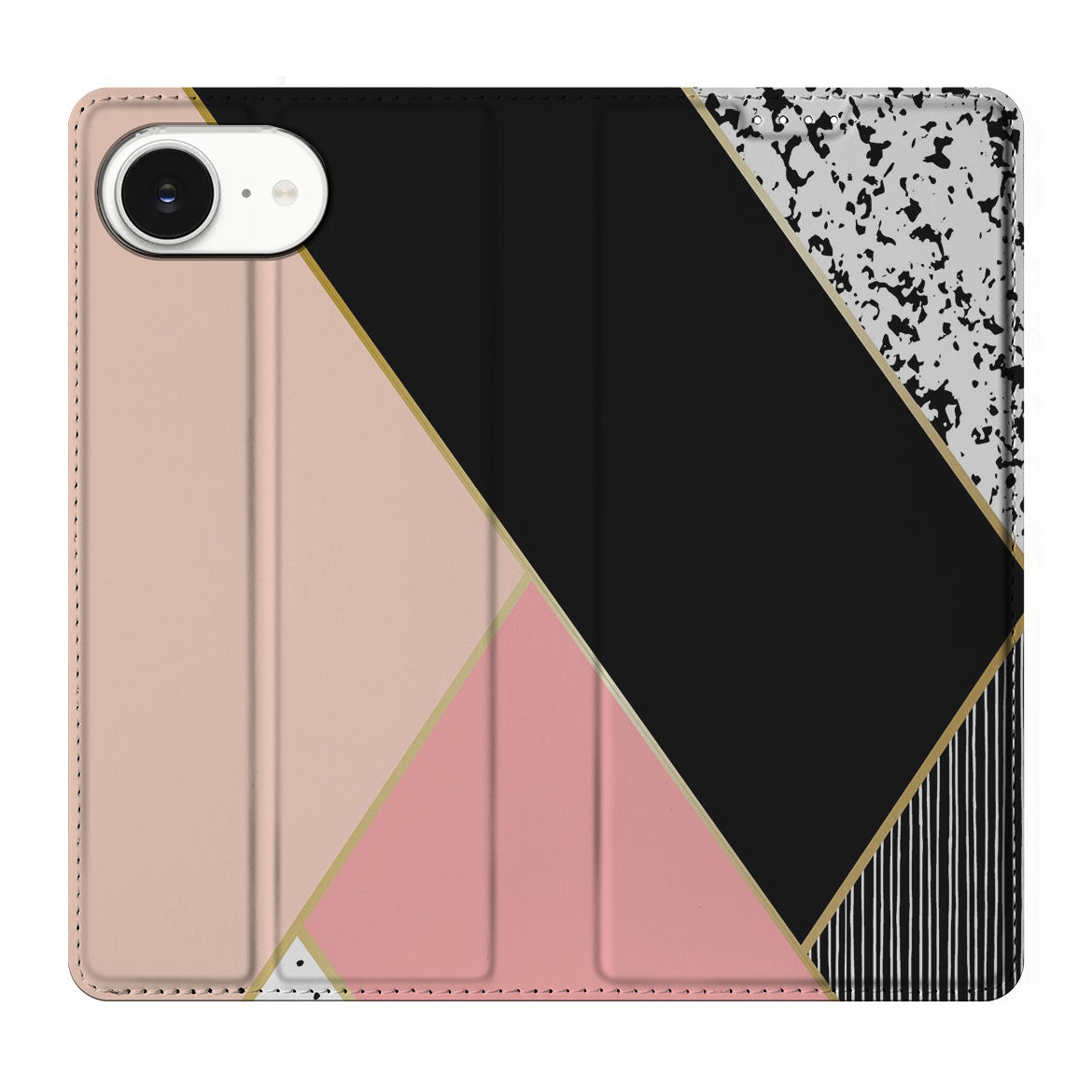 Apple iPhone 16e Stand Case Zwart Roze Vormen design geometrisch zicht