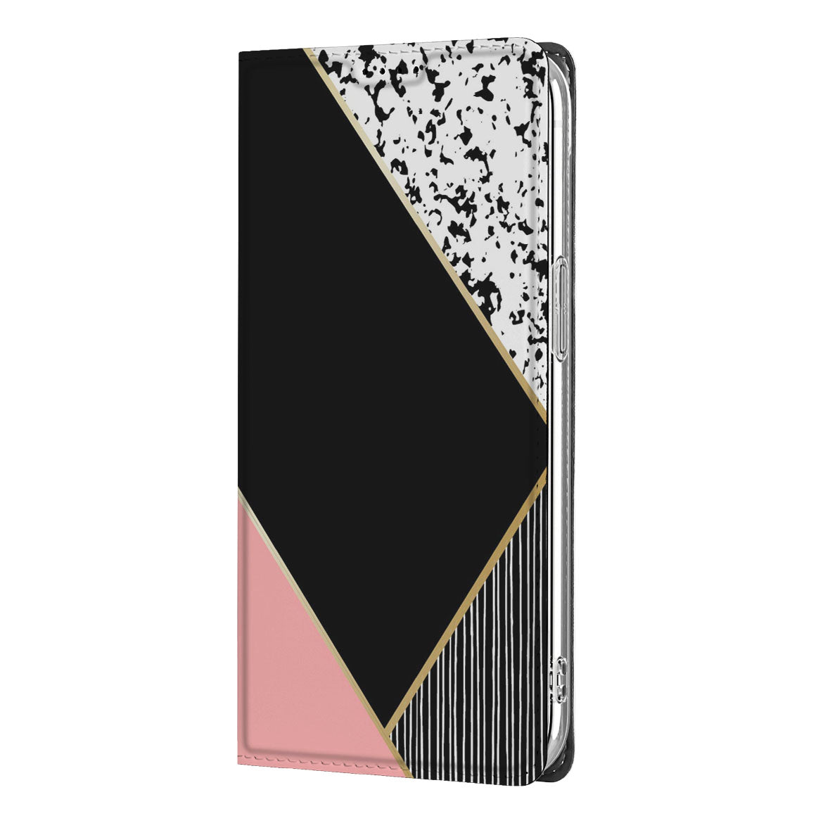 Apple iPhone 16e Stand Case Zwart Roze Vormen design zwart roze vormen aanzicht