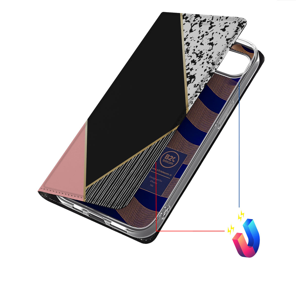 Apple iPhone 16e Stand Case Zwart Roze Vormen achterkant zwart roze vormen