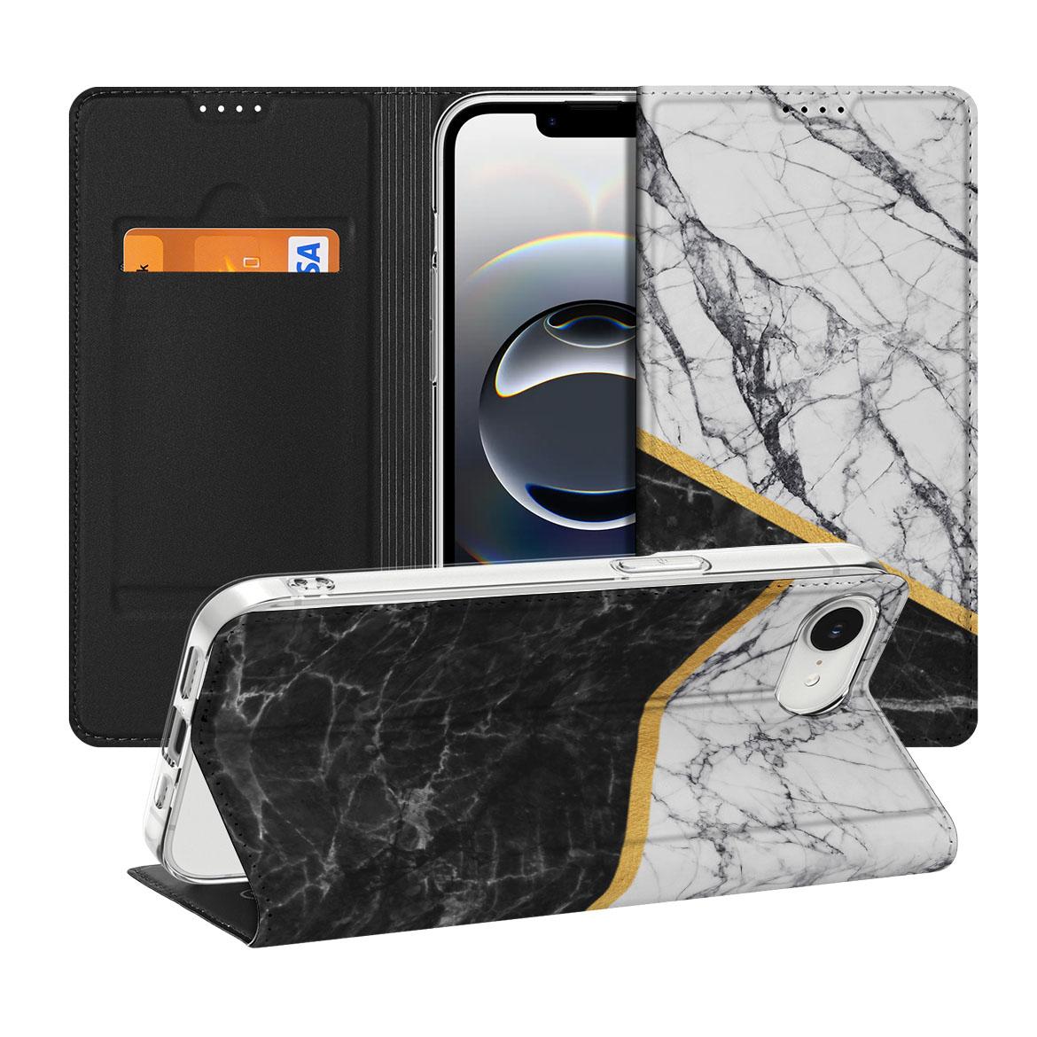 Apple iPhone 16e Standcase Marmer Wit Zwart design hoesje aanzicht