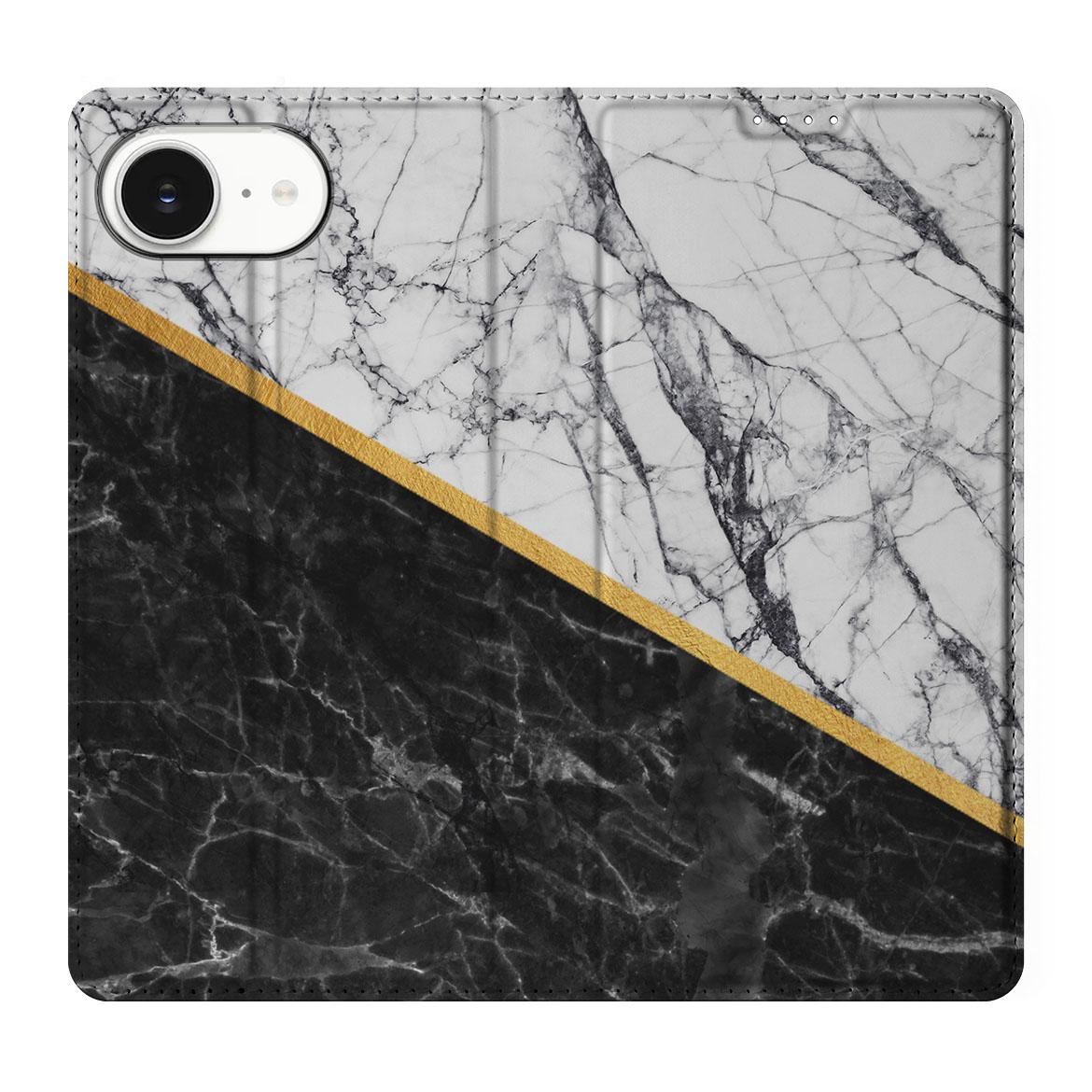 Apple iPhone 16e Standcase Marmer Wit Zwart Origineel Cadeau Man design marmer zwartwit aanzicht