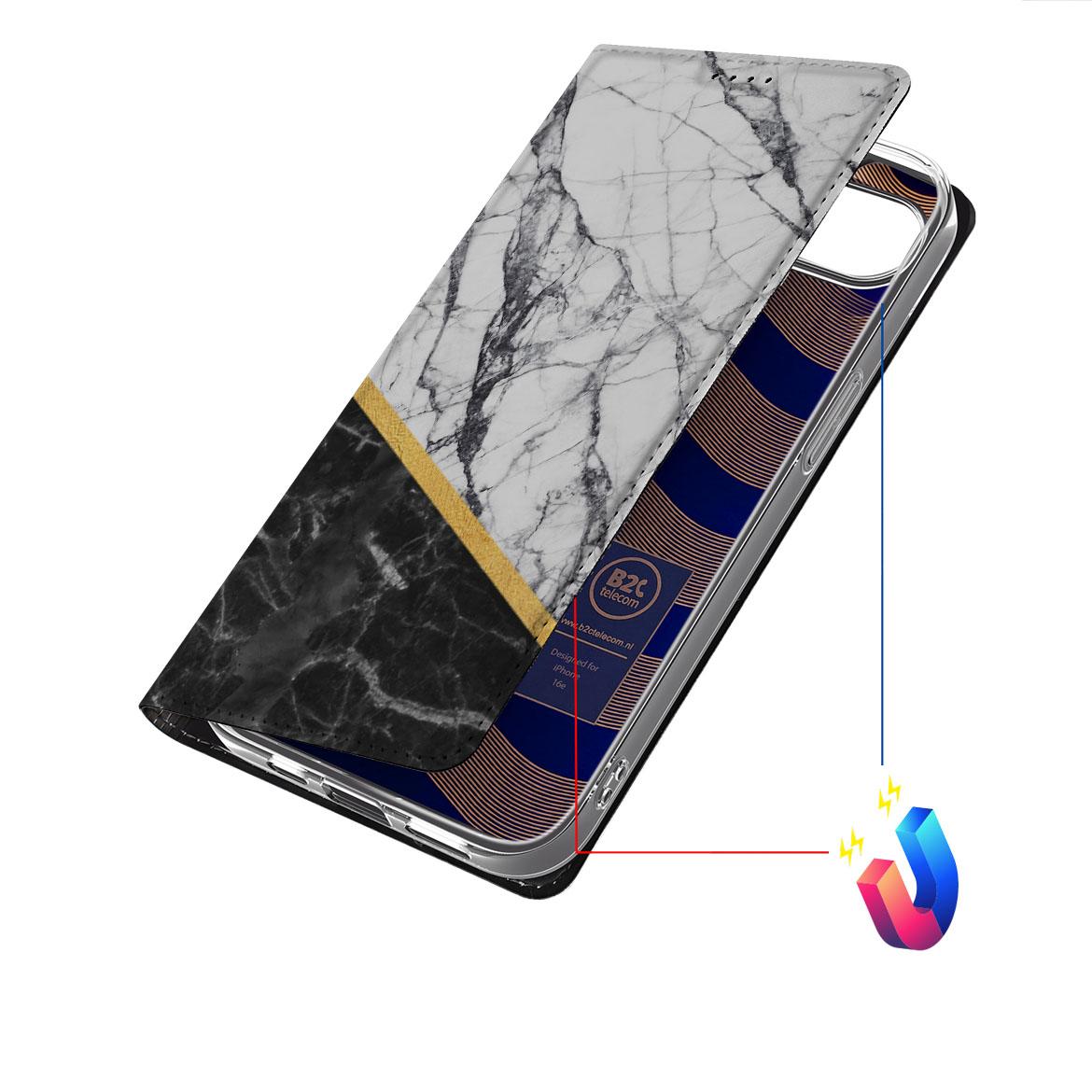 Apple iPhone 16e Standcase Marmer Wit Zwart achteraanzicht