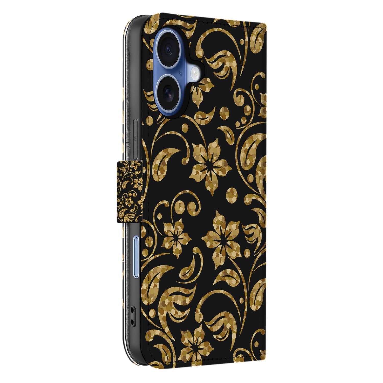 Apple iPhone 17 Boekhoes Gouden Bloemen Met Pasjesvak boekhoes gouden bloemen zijaanzicht