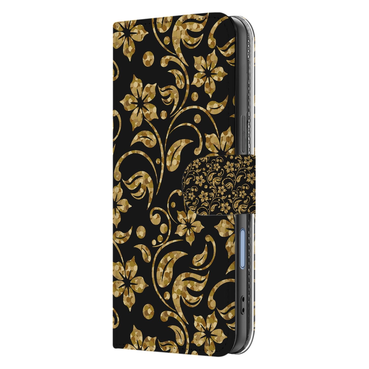Apple iPhone 17 Boekhoes Gouden Bloemen Met Pasjesvak design gouden bloemen zijaanzicht