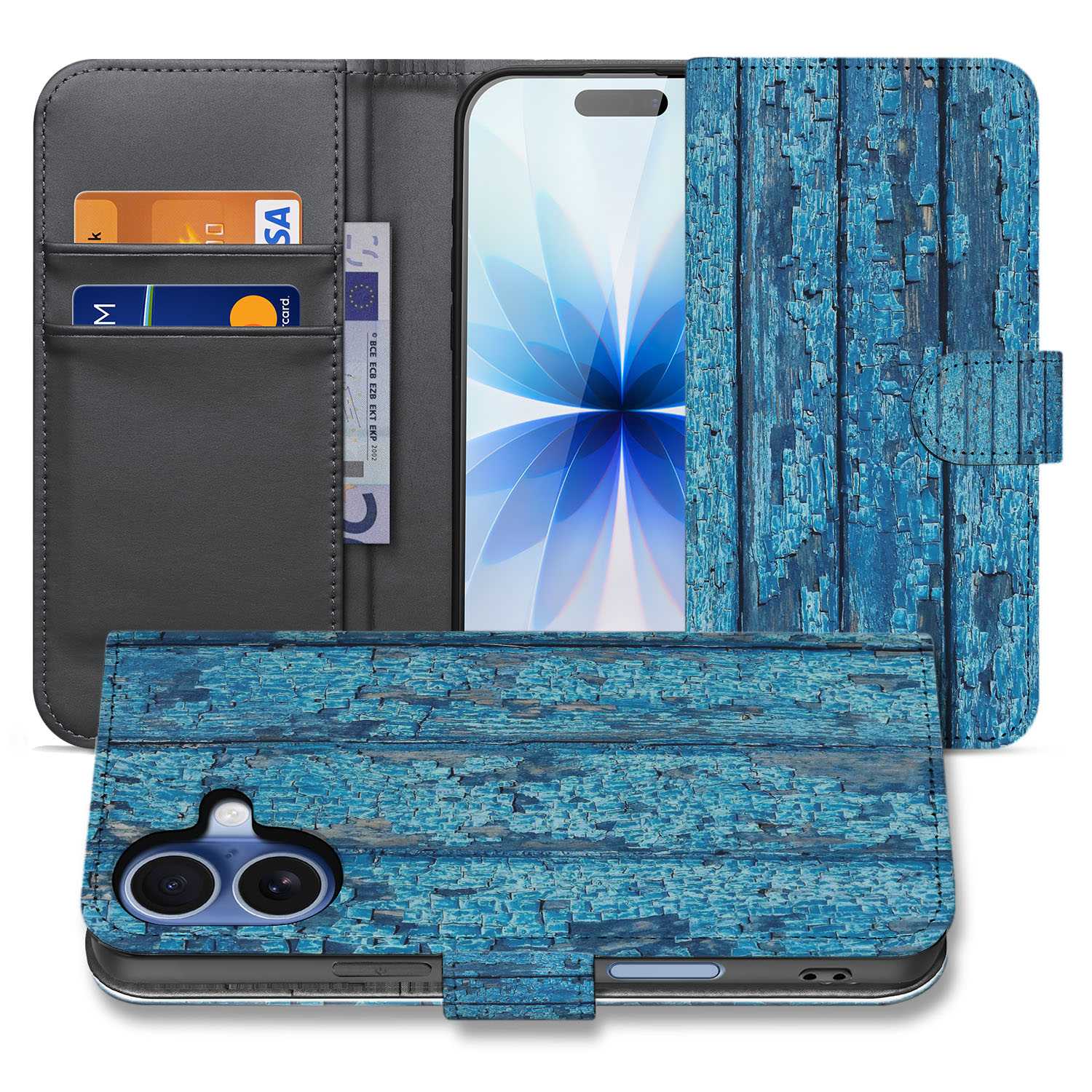 Apple iPhone 17 Book Case Afgebladderd Blauw Hout Met Pasjes design achterkant binnenkant