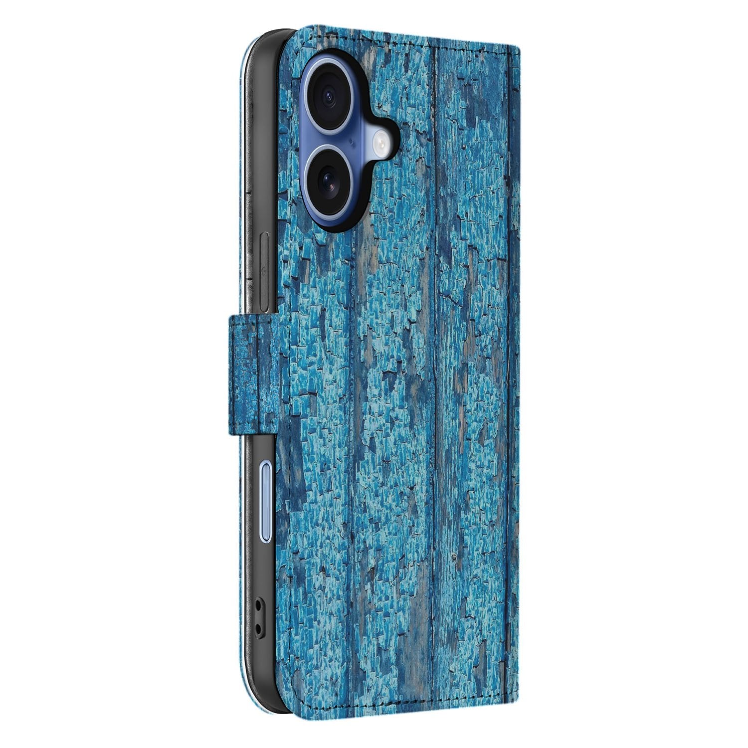 Apple iPhone 17 Book Case Afgebladderd Blauw Hout Met Pasjes bookcase design blauw zijaanzicht