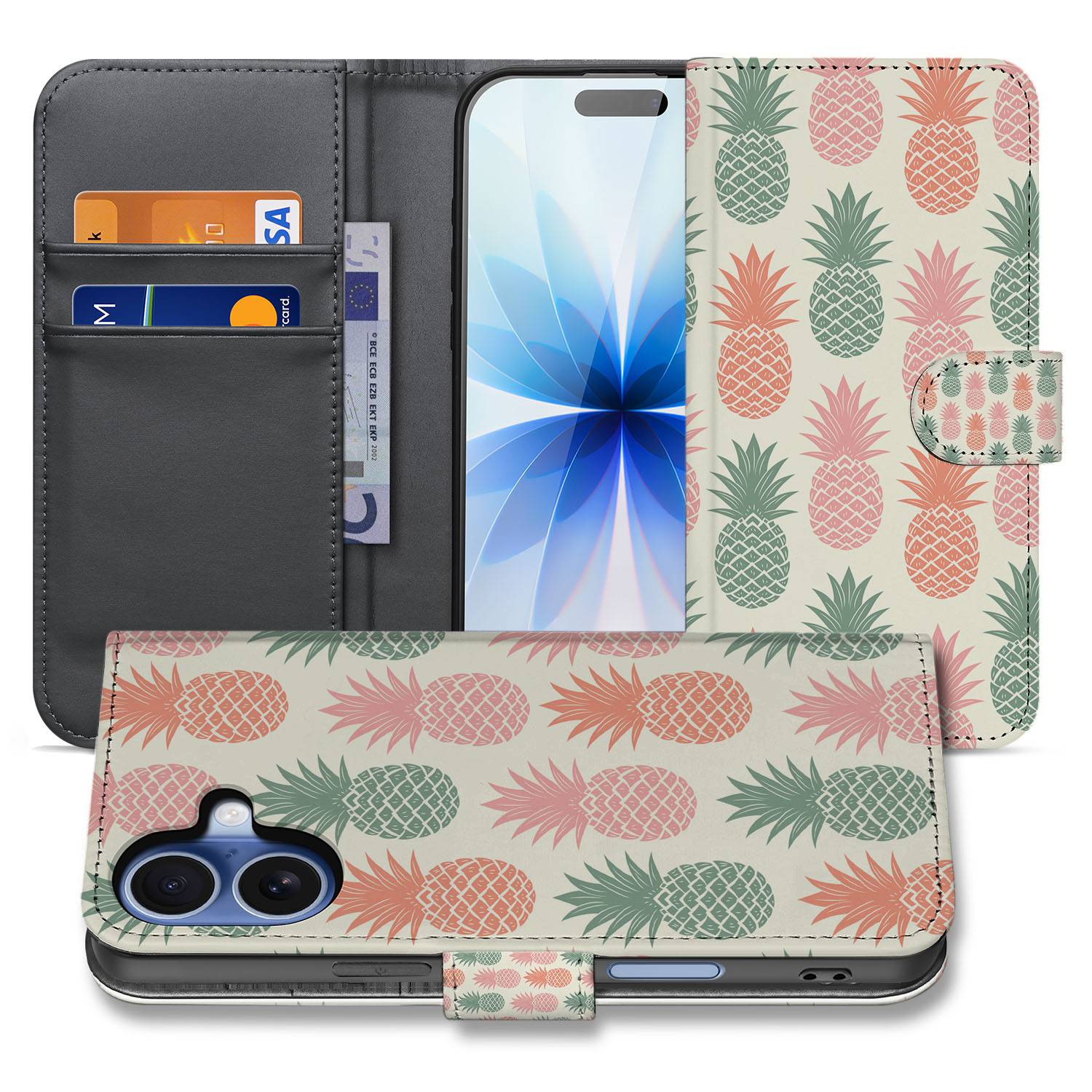 Apple iPhone 17 Book Cover Ananas Roze Rood Groen Met Pasjes bookcase ananas design vooraanzicht