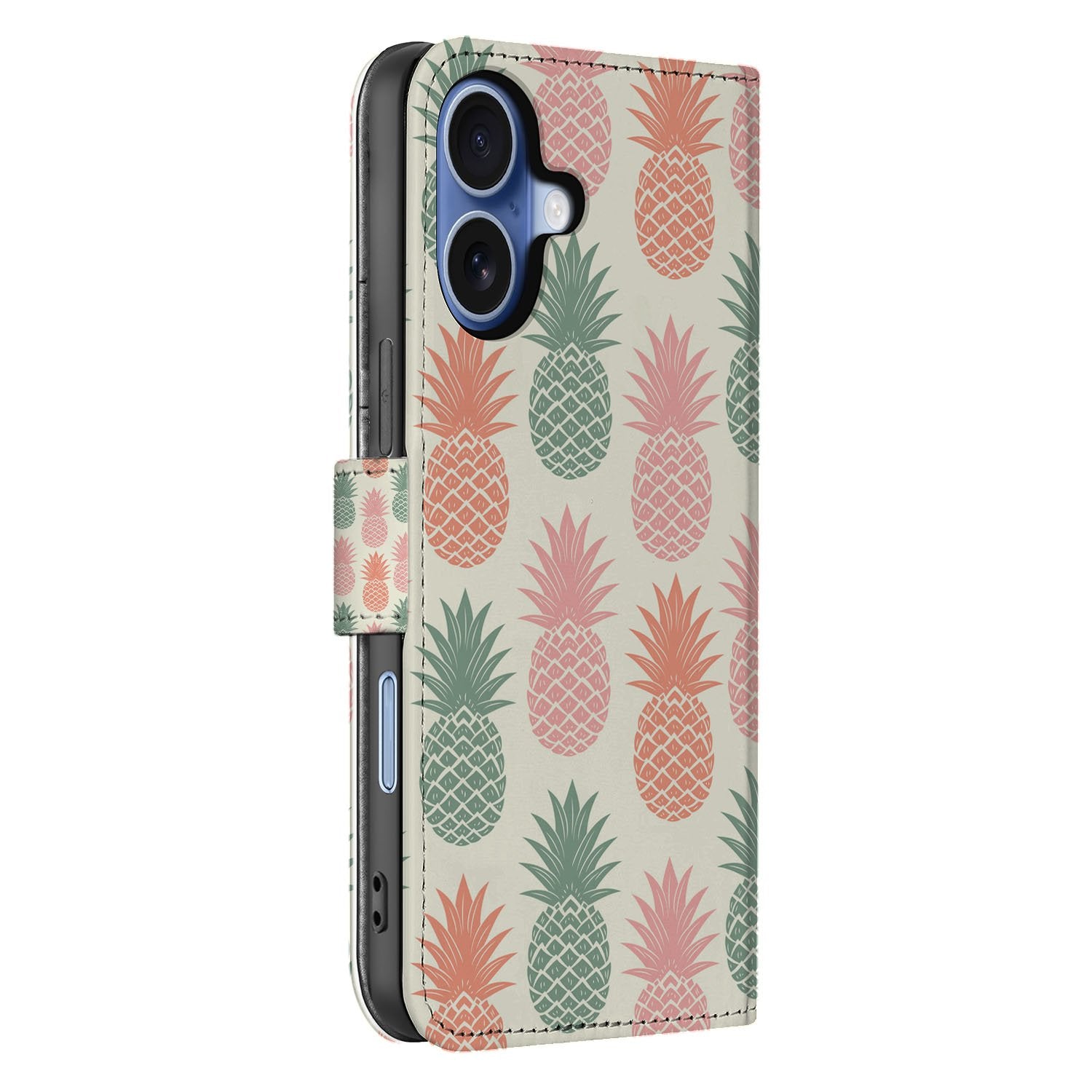 Apple iPhone 17 Book Cover Ananas Roze Rood Groen Met Pasjes Bookcase ananasprint zijaanzicht