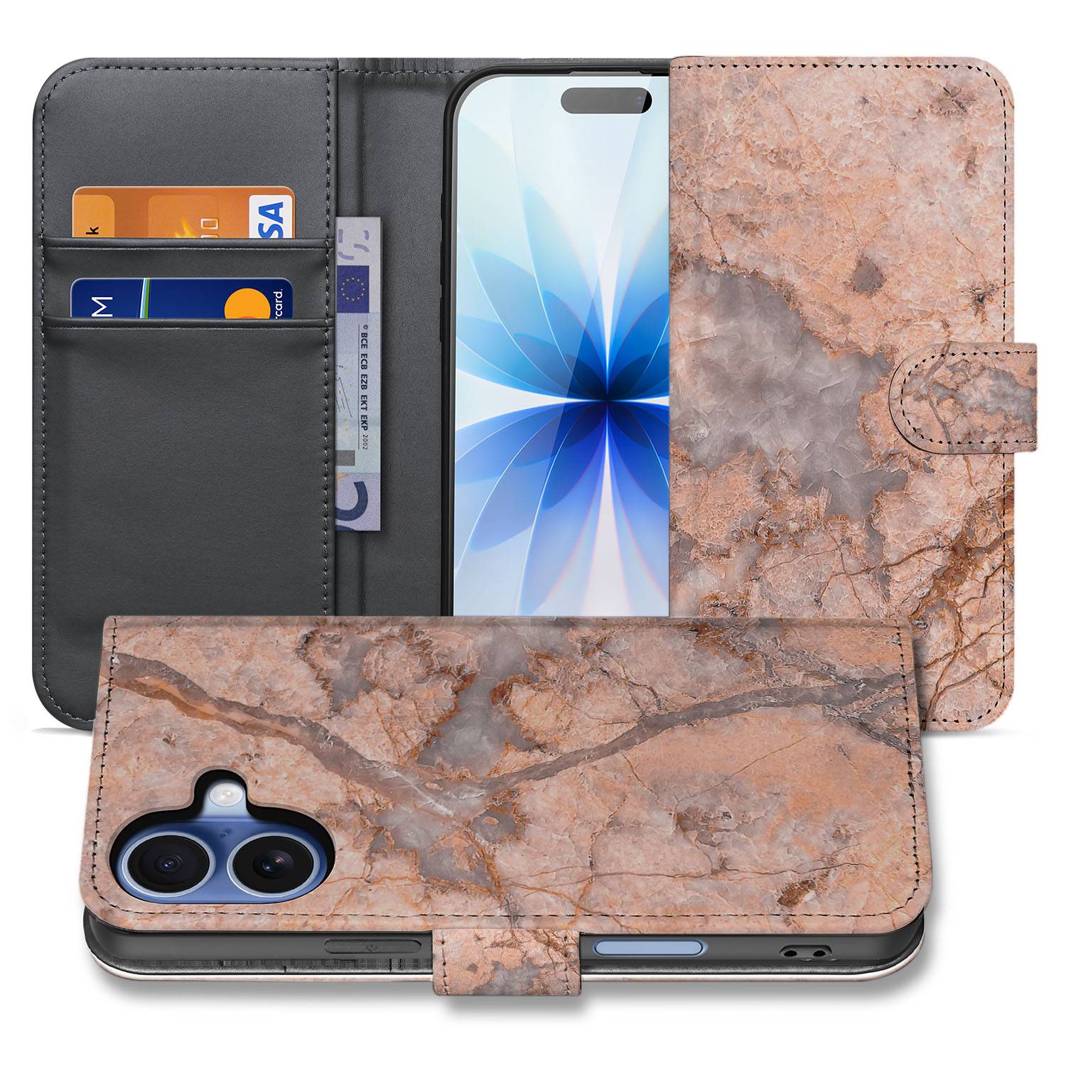 Apple iPhone 17 Bookcase Hoes Marmer Oranje Met Pasjes marmer oranje boekhoesje voorkant achterkant