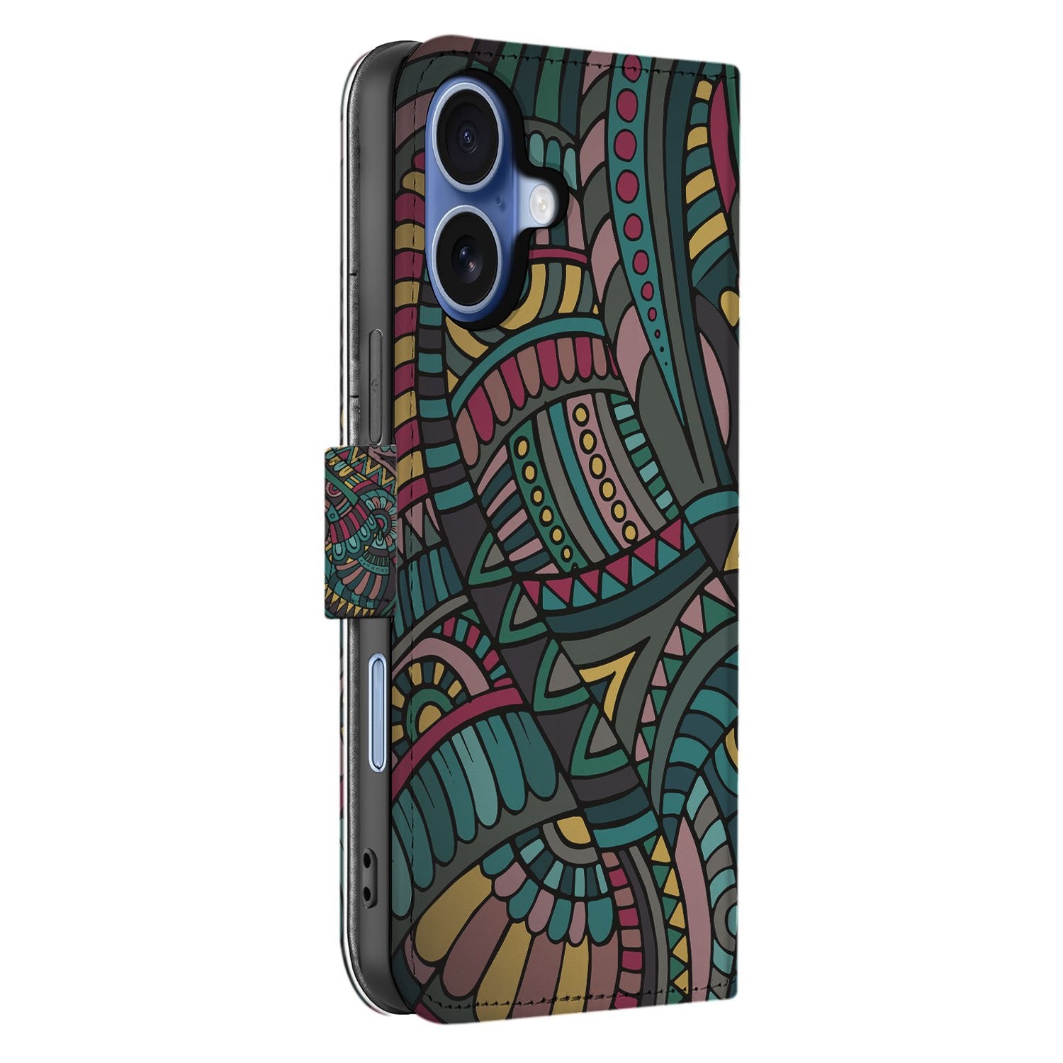 Apple iPhone 17 Bookcase Hoesje Aztec Met 3 Pasjes Print design Aztec aanzicht zijkant